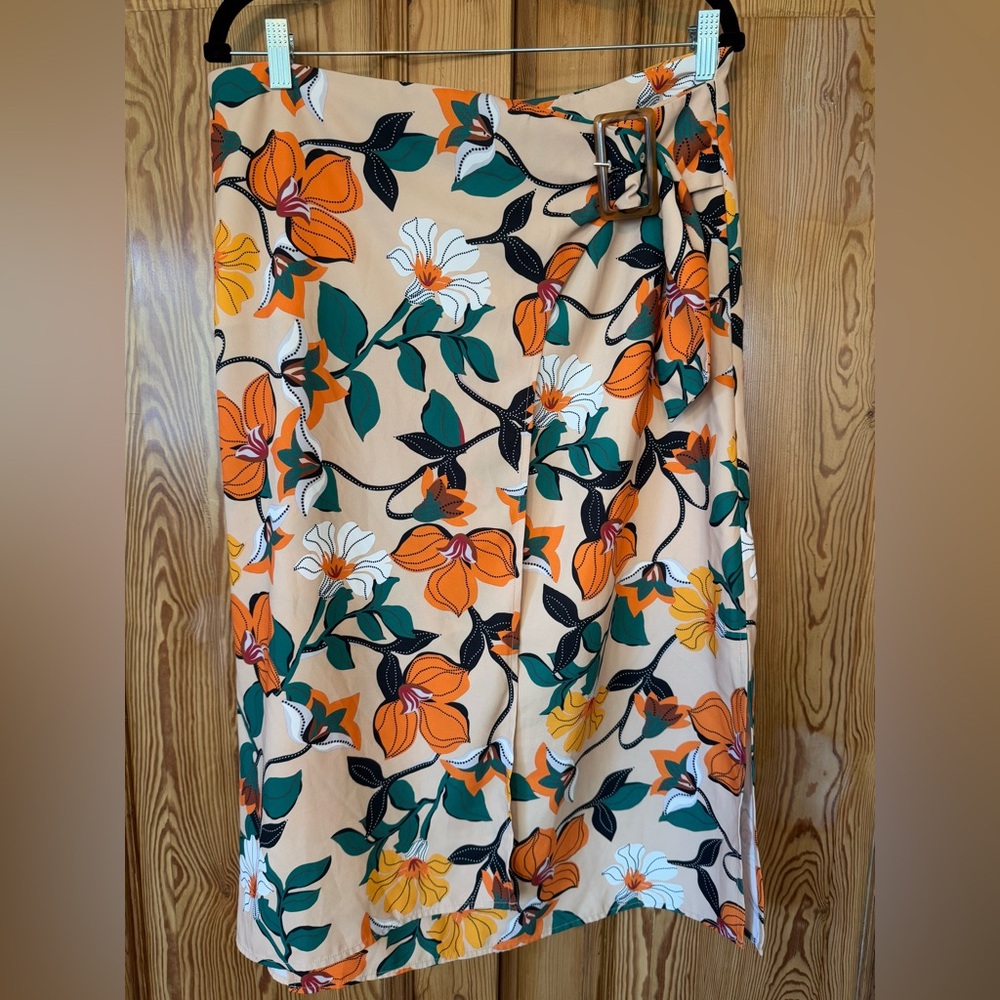 Eloquii Orange and Green Floral Patterned Skirt